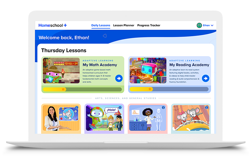 Example of Homeschool+ daily lessons screen