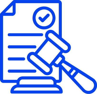 Blue icon gavel and legal paper with check mark