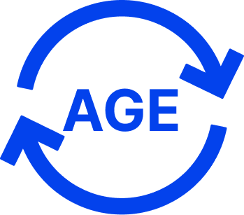 Blue icon with the word age in the middle surrounded by two circling arrows